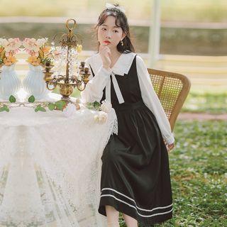 Set: Striped Trim Midi Overall Dress + Tie-neck Shirt