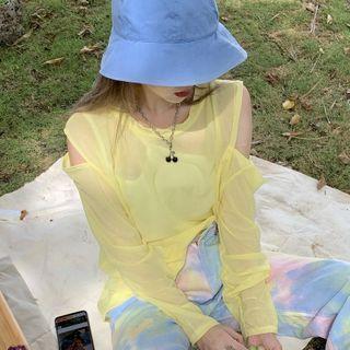 Long-sleeve Cold-shoulder Side-slit Sheer Top