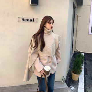 Single-breasted Blazer / Turtleneck Asymmetrical Knit Shawl