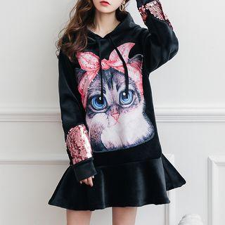 Cat Print Ruffle Hem Hoodie Dress