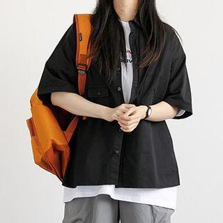 Asymmetrical Plain Cargo Short Sleeve Shirt