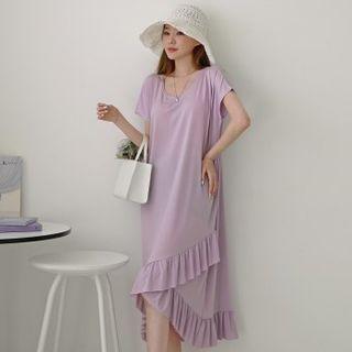 U-neck Asymmetric Frill-hem Long Dress