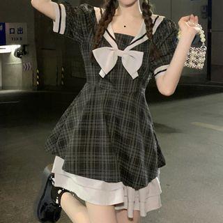 Short-sleeve Ribbon Plaid Mini A-line Dress