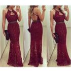 Open Back Halter Sheath Lace Evening Gown