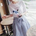 Set: Short-sleeve Printed T-shirt + Striped A-line Skirt