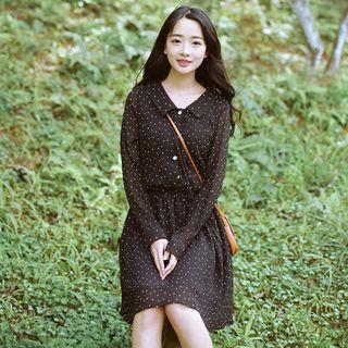 Polka Dot Collared Long-sleeve Dress