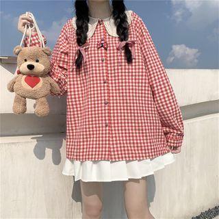Long-sleeve Checked Lace Collar Blouse