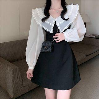 Long-sleeve Peter-pan Collar Mesh Panel Dress