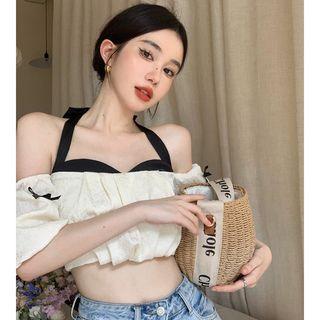 Short-sleeve Off-shoulder Crop Top Off-white - One Size