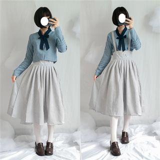 Long-sleeve Top / Embroidered Midi Suspender Skirt / Set