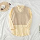 V-neck Knit Vest / Long-sleeve Plain Button-down Shirt