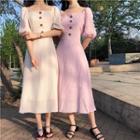 Elbow-sleeve Buttoned A-line Midi Dress