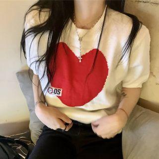 Puff-sleeve Heart Print Knit Top