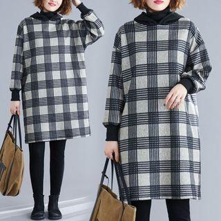 Turtle-neck Plaid Hoodie Dress