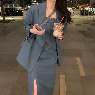 Set: Spaghetti-strap Plain Side-slit Dress + Long-sleeve Plain Double-breasted Blazer