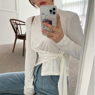 Long-sleeve Tie Waist Asymmetric T-shirt