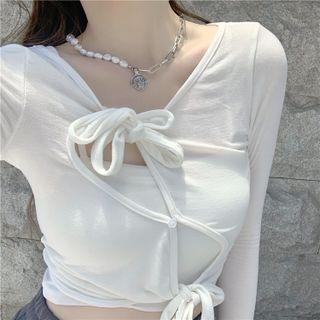 Set: Plain Camisole Top + Long-sleeve Front-tie Slim-fit Top