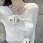Set: Plain Camisole Top + Long-sleeve Front-tie Slim-fit Top