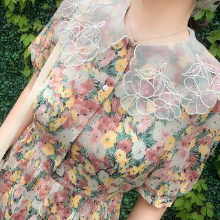 Floral Print Elbow-sleeve Midi A-line Dress Floral - One Size