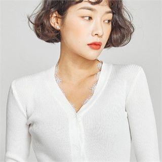 Lace-trim Lightweight Ribbed Cardigan