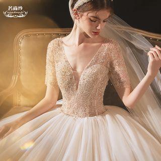 Rhinestone Short-sleeve Mesh Wedding Ball Gown