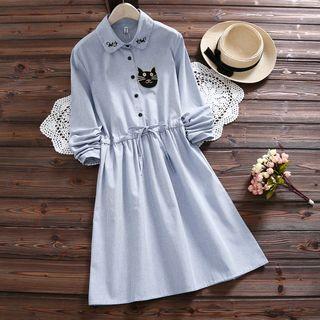 Cat Embroidered Striped A-line Shirtdress