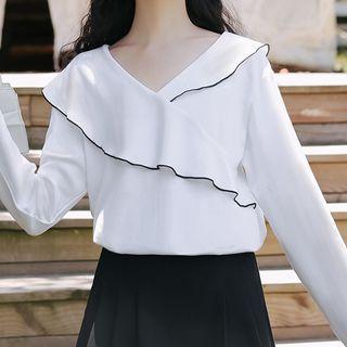 Contrast Trim Ruffled Long-sleeve T-shirt