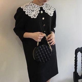 Lace Collared Elbow-sleeve A-line Dress