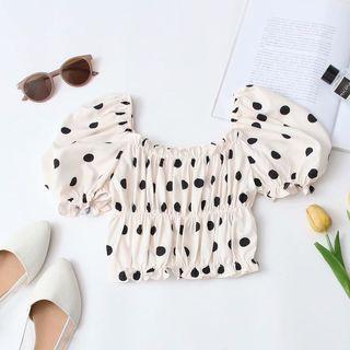 Short-sleeve Ruffle Neck Dotted Cropped Top
