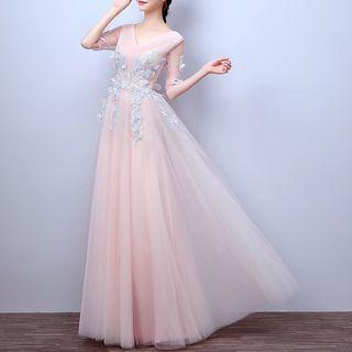 V-neck Elbow-sleeve Evening Dress