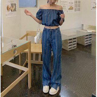 Set: Puff-sleeve Off-shoulder Denim Top + High Waist Wide Leg Jeans