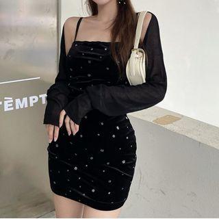Spaghetti Strap Dotted Mini Sheath Dress / Light Jacket