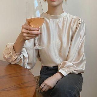 Long-sleeve Stand Collar Plain Silk Blouse Beige - One Size