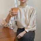 Long-sleeve Stand Collar Plain Silk Blouse Beige - One Size