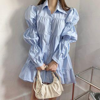 Puff-sleeve Shirred Shirt Dress