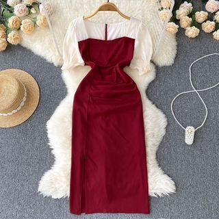 Puff-sleeve Paneled Midi Bodycon Dress