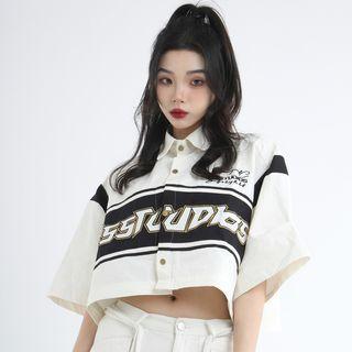 Elbow-sleeve Lettering Crop Shirt