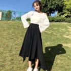 Cutout Shoulder Long-sleeve T-shirt / Asymmetric Hem A-line Skirt