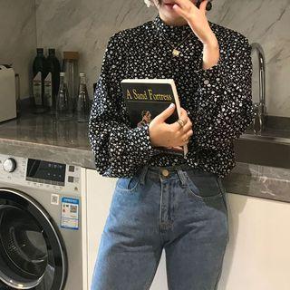 Mock-neck Floral Blouse Black - One Size