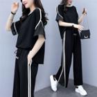 Set: Contrast Trim Elbow-sleeve T-shirt + Drawstring Cropped Wide-leg Pants