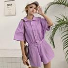 Plain Collared Short-sleeve Playsuit