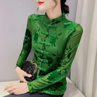 Long-sleeve Mandarin Collar Floral T-shirt