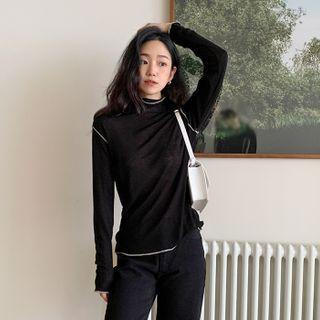Turtleneck Stitch-trim Woolen Top