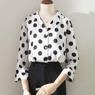 Short-sleeve Notch Lapel Polka Dot Chiffon Shirt