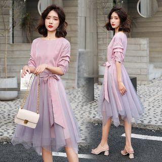 Set: Elbow-sleeve Striped Dress + Ruffled Mesh A-line Midi Skirt