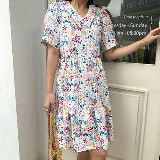 Collared Floral Print Tiered Dress Ivory - One Size