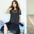 Mock Two Piece Floral Print Panel Lace Short Sleeve Dress