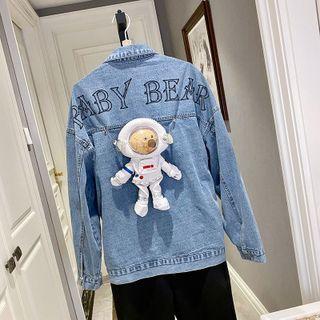 Letter Embroidered Bear Detail Denim Jacket