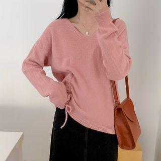 V-neck Lace Up-side Knit Cardigan