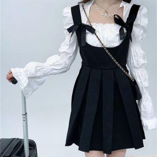 Bell-sleeve Square-neck Blouse / Pleated Mini A-line Overall Dress